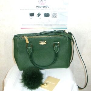 Michael Kors Kellen Saffiano Olive Green Leather Satchel Bag Gold Tone Accents